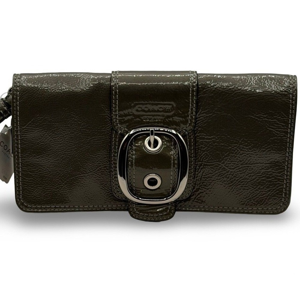 Coach Bleecker Patent Leather Buckle Clutch Wristlet Olive Gray NWT F43371 Purse